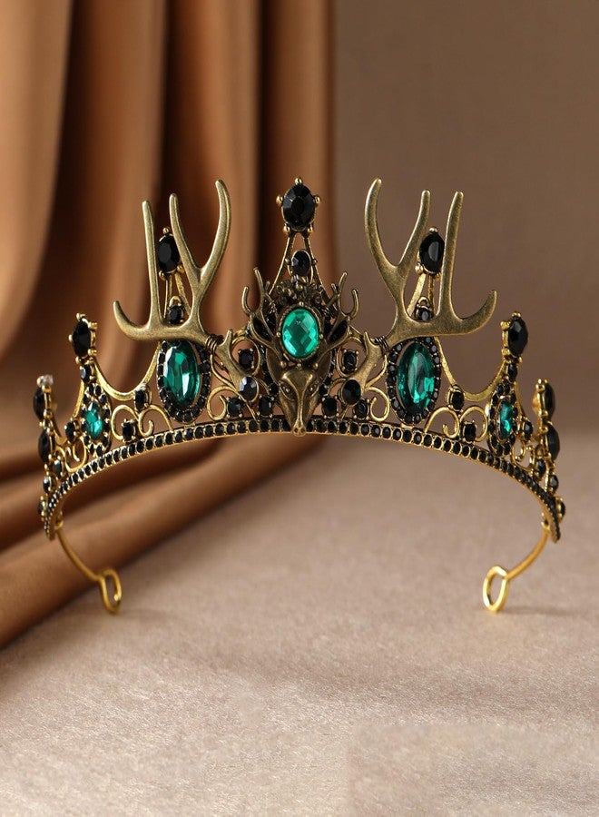 CoTeeZa Green Crown Emerald Headpiece for Women - Medieval Rhinestone Antler Crown Deer Horns Headband for Renaissance Halloween Cosplay Druid Costume Party Prom - Image 3